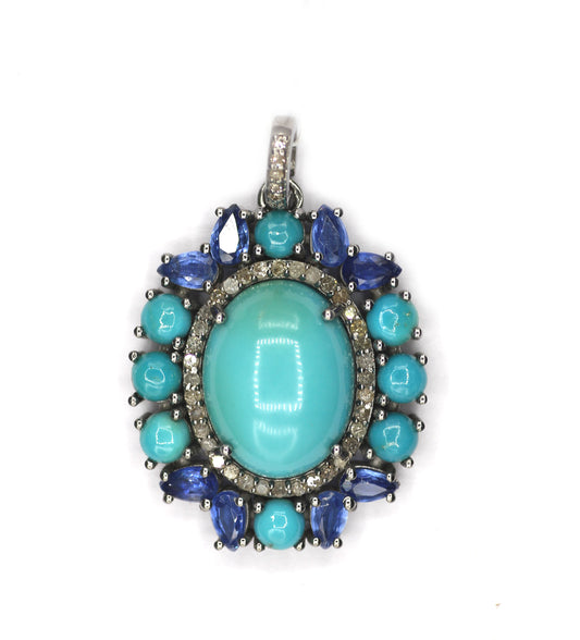 Oval 925 Silver Pave Diamond Pendant With Turquoise Stone