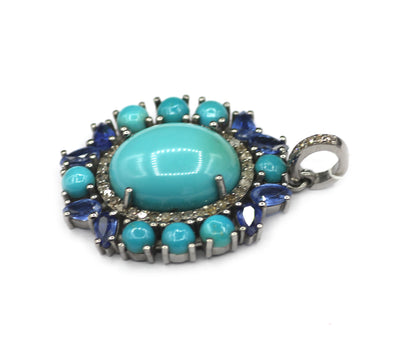 Oval 925 Silver Pave Diamond Pendant With Turquoise Stone