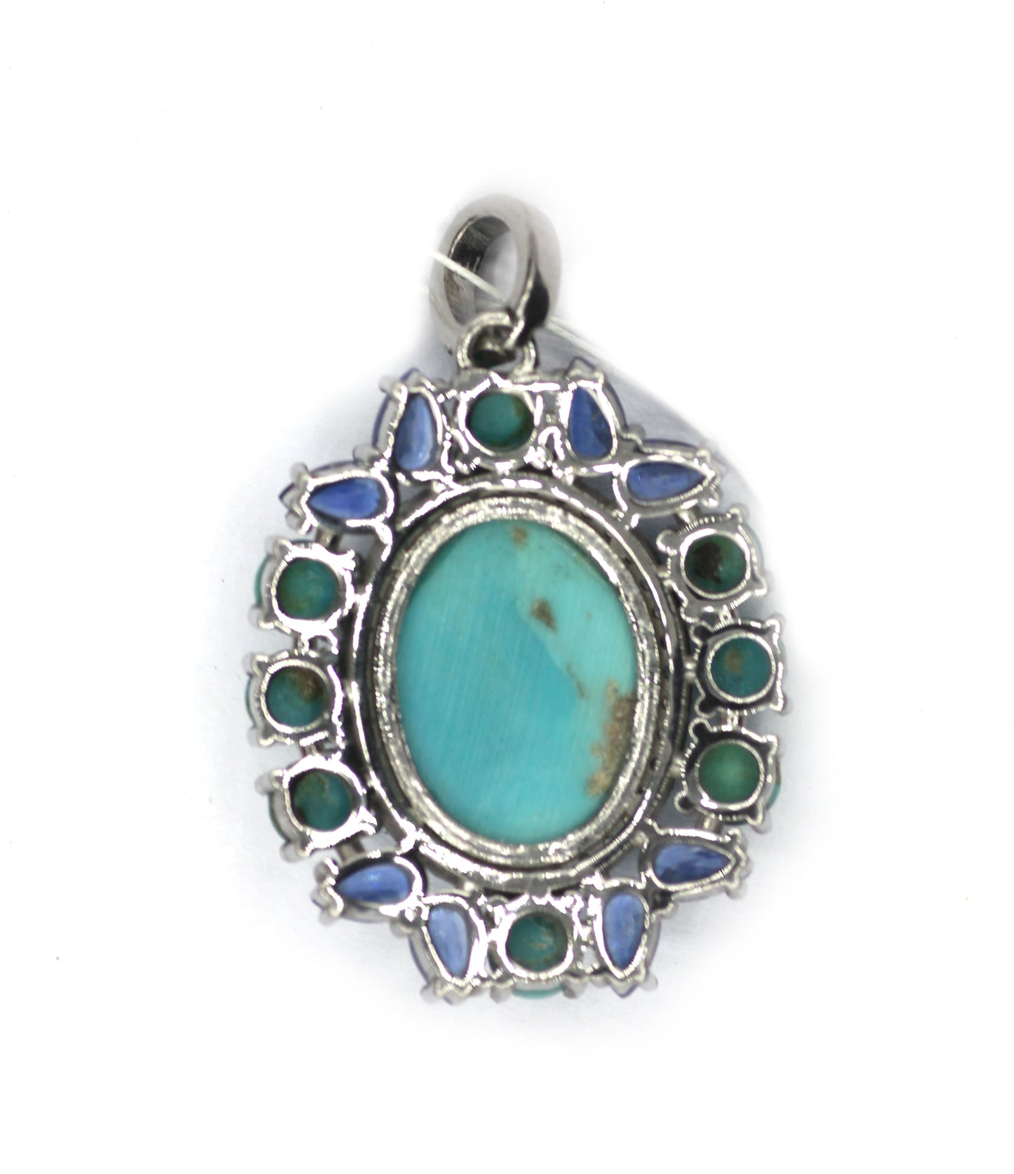 Oval 925 Silver Pave Diamond Pendant With Turquoise Stone