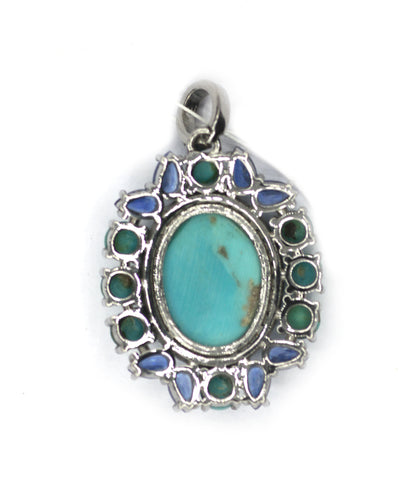 Oval 925 Silver Pave Diamond Pendant With Turquoise Stone