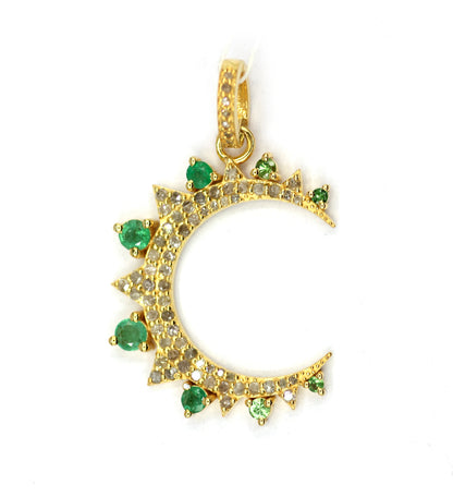 Moon Silver Diamond Pendant With Emerald Stone