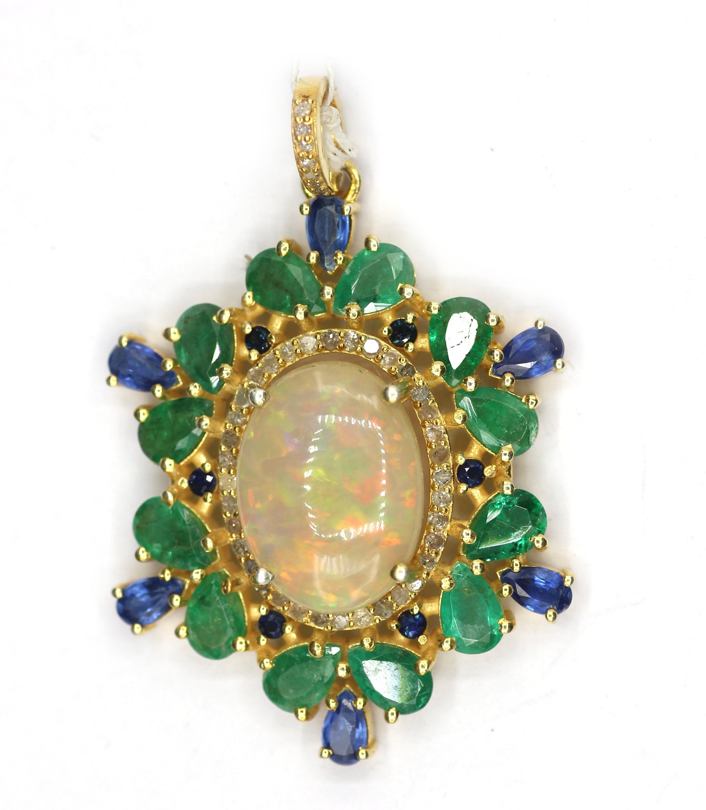 Ethiopian opal Silver Diamond Pendant With Emerald Stone
