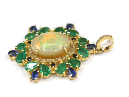 Ethiopian opal Silver Diamond Pendant With Emerald Stone