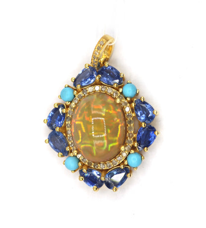 Ethiopian opal Silver Diamond Pendant With Turquoise Stone