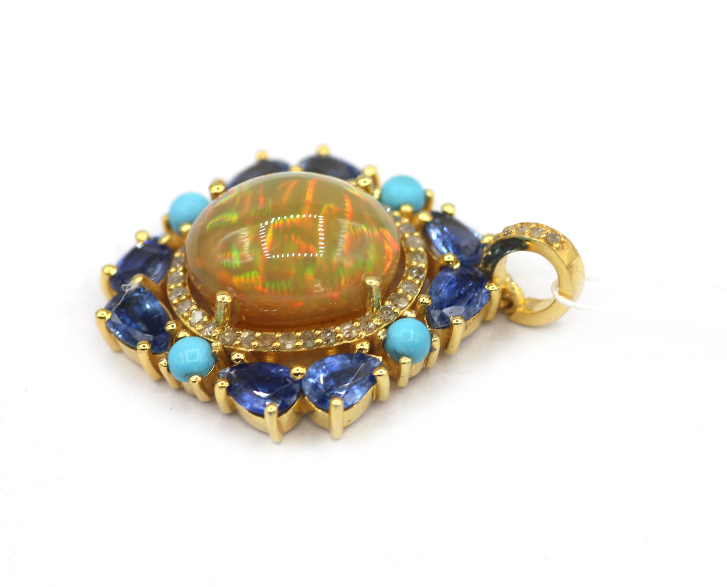 Ethiopian opal Silver Diamond Pendant With Turquoise Stone