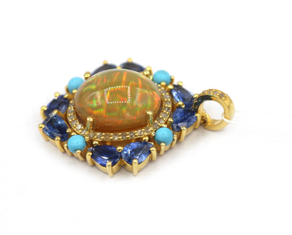 Ethiopian opal Silver Diamond Pendant With Turquoise Stone