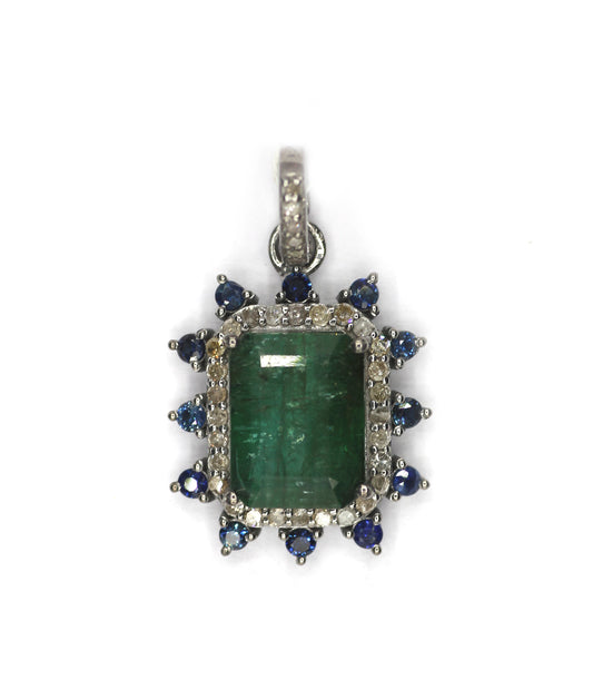 Emerald rectangle pendant in 925 silver with pave diamonds and blue accent stones, 20x18 mm.