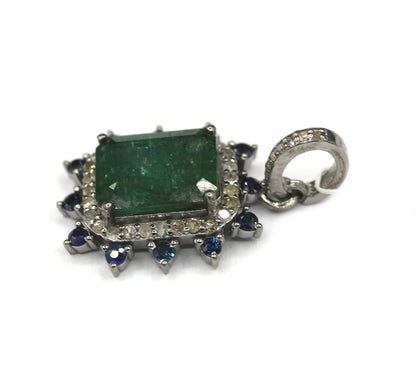 Emerald rectangle pendant in 925 silver with pave diamonds and blue accent stones, 20x18 mm