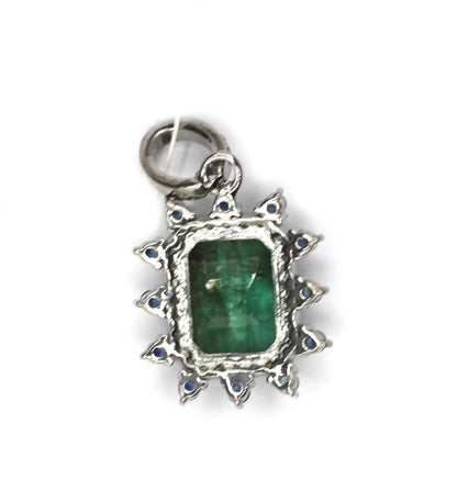 Emerald rectangle pendant in 925 silver with pave diamonds and blue accent stones, 20x18 mm