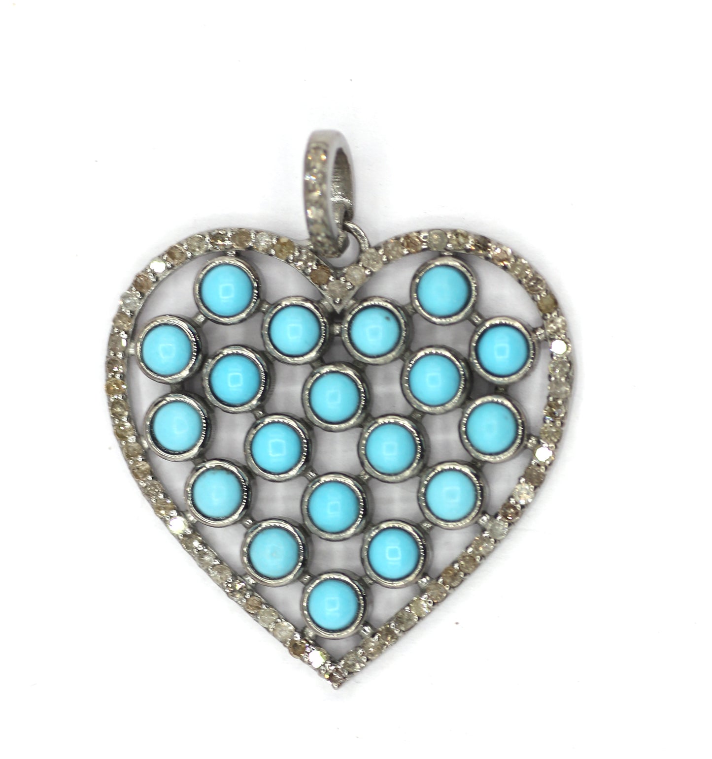 Heart Shape Silver Diamond Pendant With Turquoise Stone