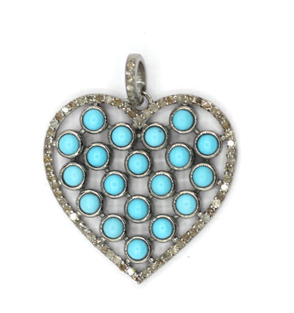 Heart Shape Silver Diamond Pendant With Turquoise Stone