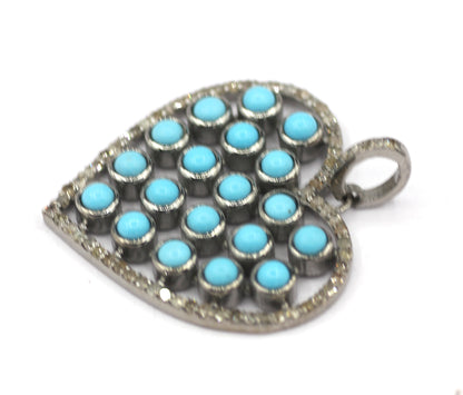 Heart Shape Silver Diamond Pendant With Turquoise Stone