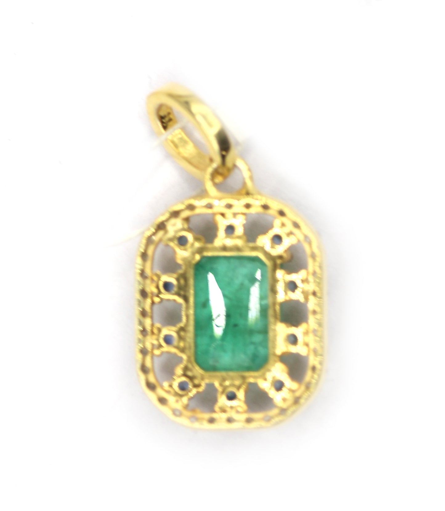 Emerald Silver Pave Diamond Pendant With Blue Sapphire Stone