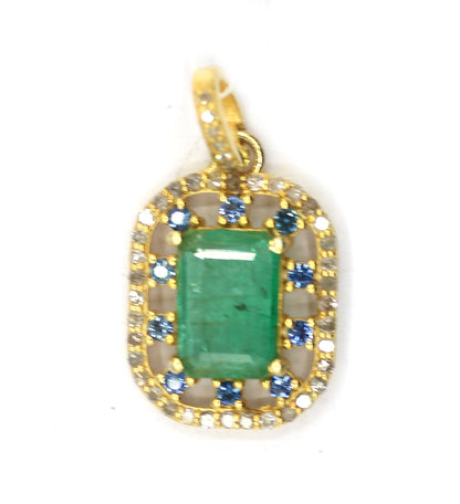 Emerald Silver Pave Diamond Pendant With Blue Sapphire Stone