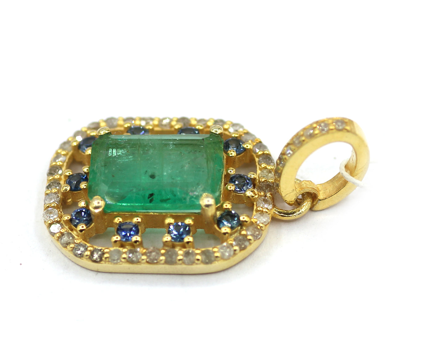 Emerald Silver Pave Diamond Pendant With Blue Sapphire Stone