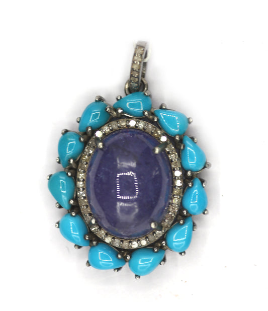 Tanzanite Silver Diamond Pendant With Turquoise Stone