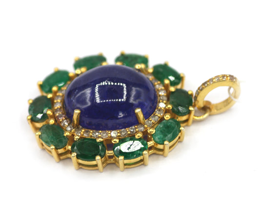 Tanzanite Silver Diamond Pendant With Emerald Stone