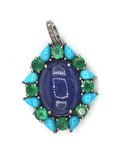 Tanzanite Silver Diamond Pendant With Emerald Stone