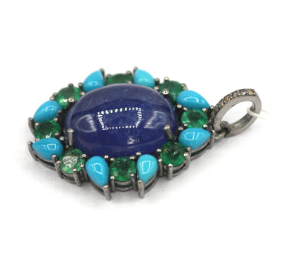 Tanzanite Silver Diamond Pendant With Emerald Stone