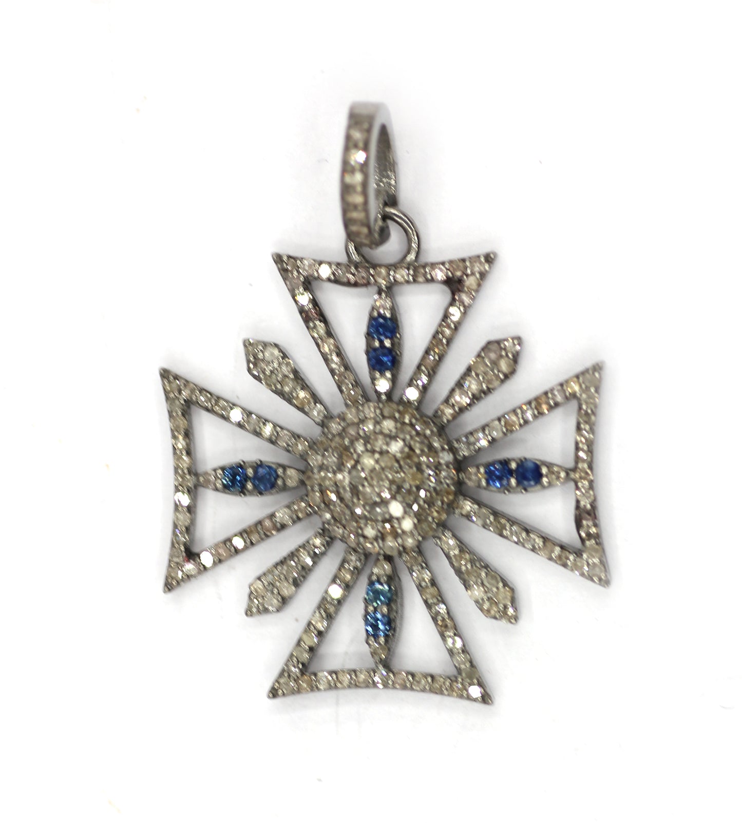 Cross Silver Diamond Pendant With Blue Sapphire Stone