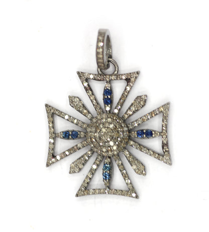 Cross Silver Diamond Pendant With Blue Sapphire Stone