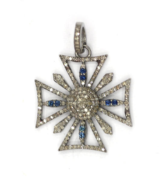 Cross Silver Diamond Pendant With Blue Sapphire Stone