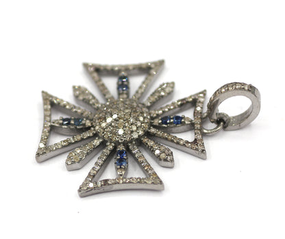 Cross Silver Diamond Pendant With Blue Sapphire Stone