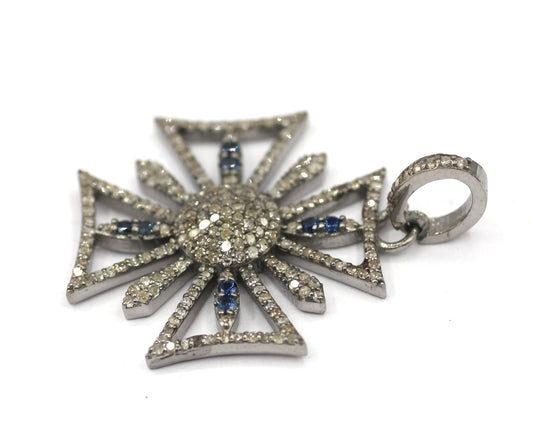 Cross Silver Diamond Pendant With Blue Sapphire Stone