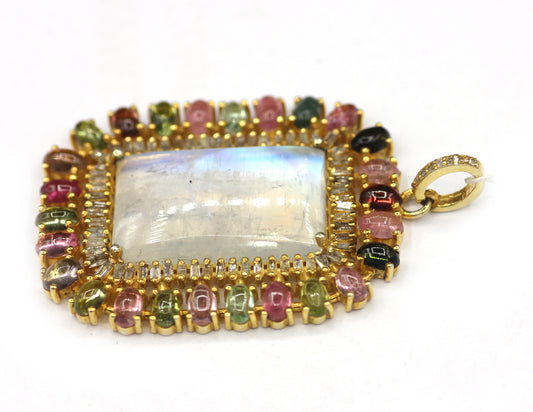 Rainbow Silver Diamond Pendant With Tourmaline Stone
