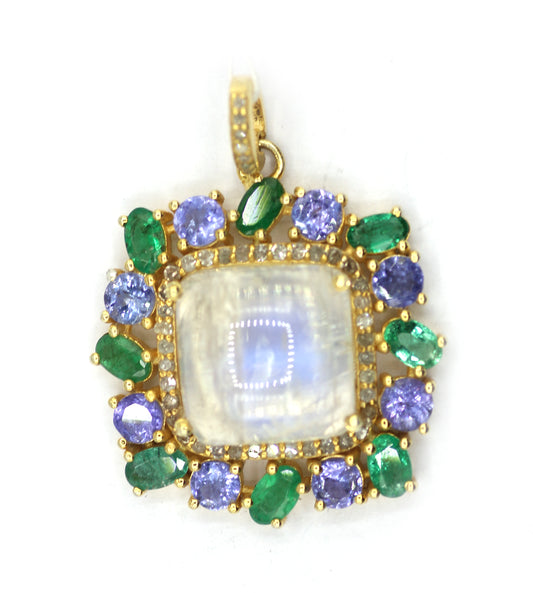 Rainbow Moonstone Silver Diamond Pendant With Emerald And Tanzanite Stone