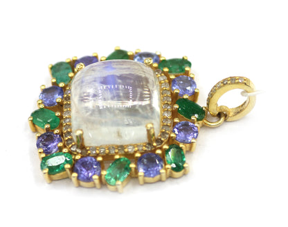 Rainbow Moonstone Silver Diamond Pendant With Emerald And Tanzanite Stone
