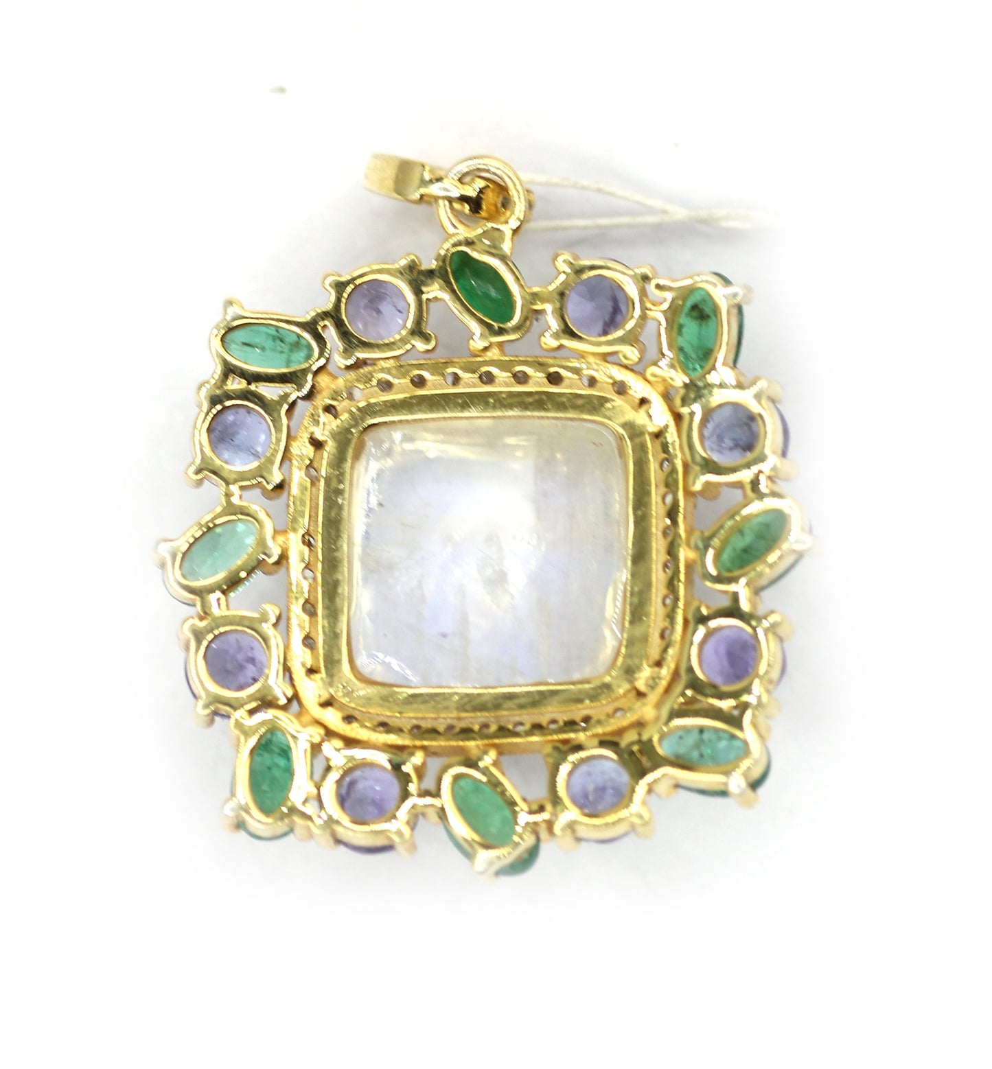 Rainbow Moonstone Silver Diamond Pendant With Emerald And Tanzanite Stone