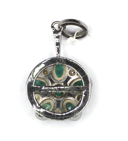 Round Silver Diamond Pendant With Emerald Stone