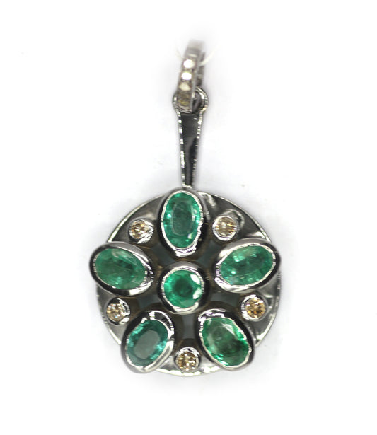 Round Silver Diamond Pendant With Emerald Stone