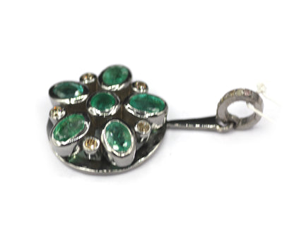 Round Silver Diamond Pendant With Emerald Stone