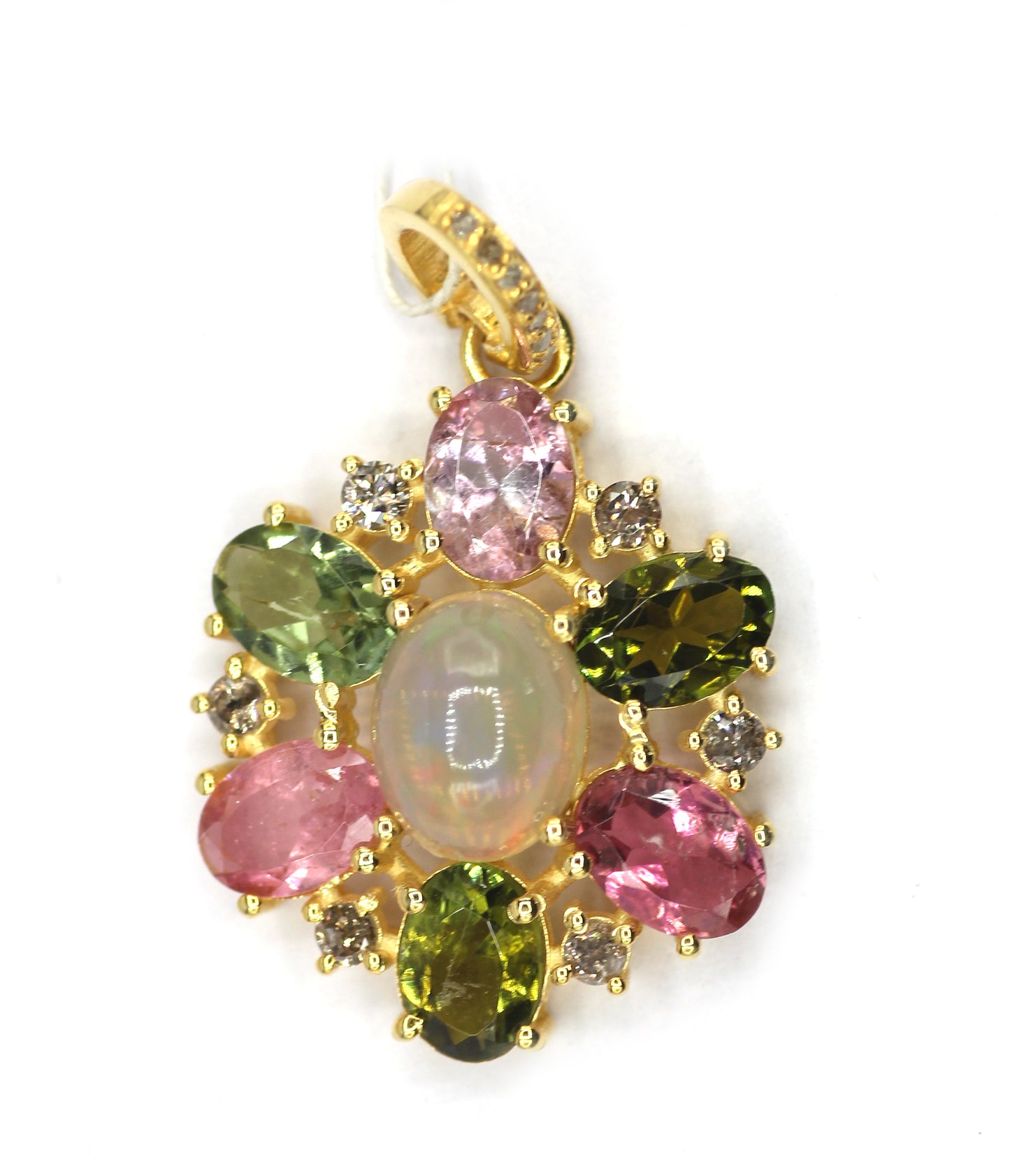 Ethiopian opal Silver Diamond Pendant With Tourmaline Stone