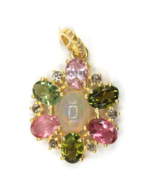 Ethiopian opal Silver Diamond Pendant With Tourmaline Stone