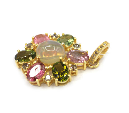 Ethiopian opal Silver Diamond Pendant With Tourmaline Stone