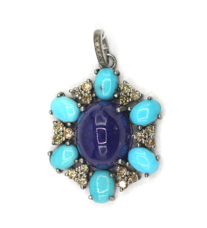 Tanzanite Silver Diamond Pendant With Turquoise Stone