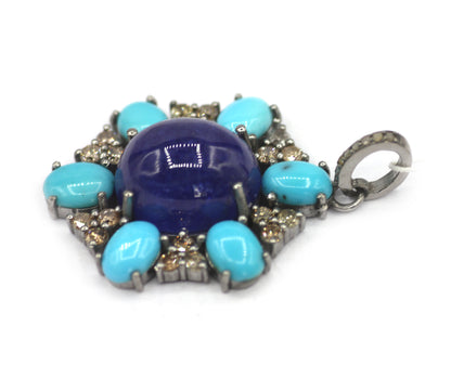 Tanzanite Silver Diamond Pendant With Turquoise Stone