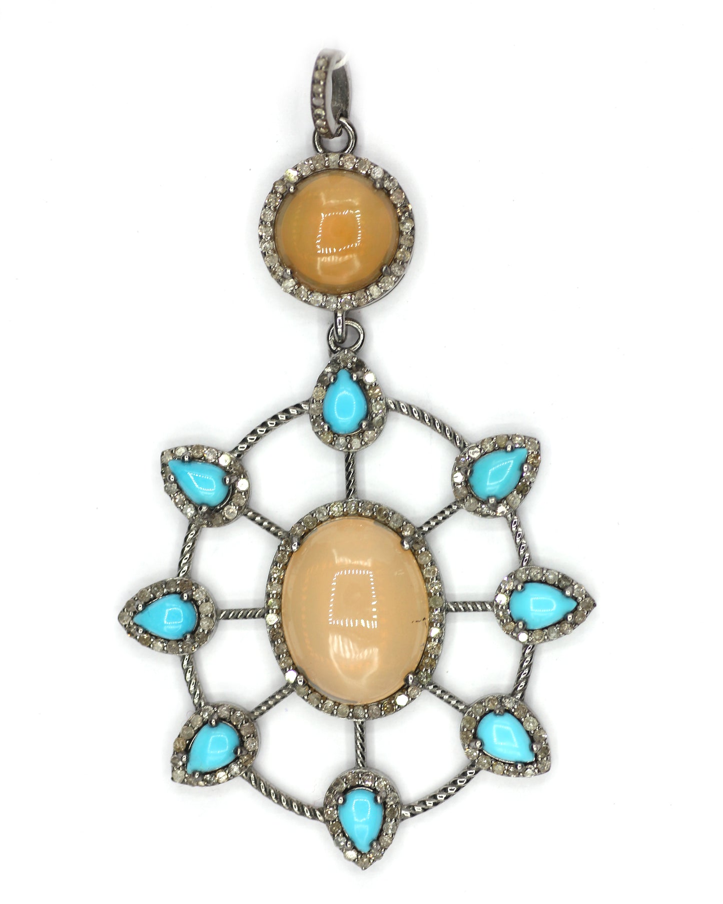 Ethiopian Opal Silver Diamond Pendant With Turquoise Stone
