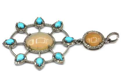 Ethiopian Opal Silver Diamond Pendant With Turquoise Stone