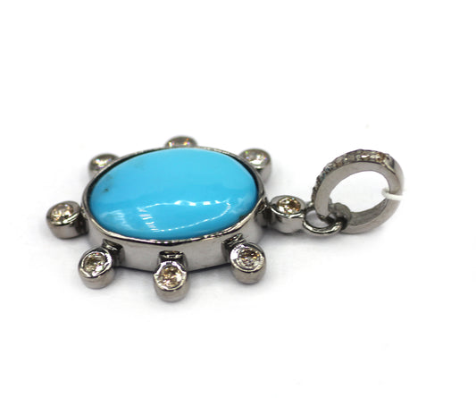 Oval Silver Diamond Pendant With Turquoise stone