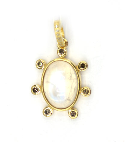 Rainbow Moon Stone Silver Diamond Pendant