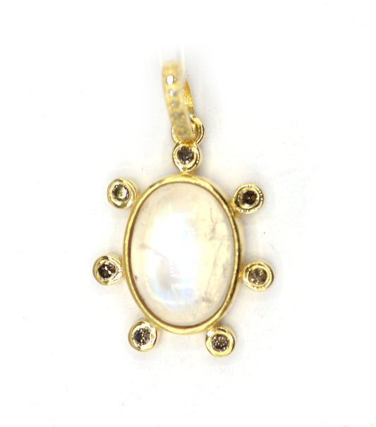 Rainbow Moon Stone Silver Diamond Pendant