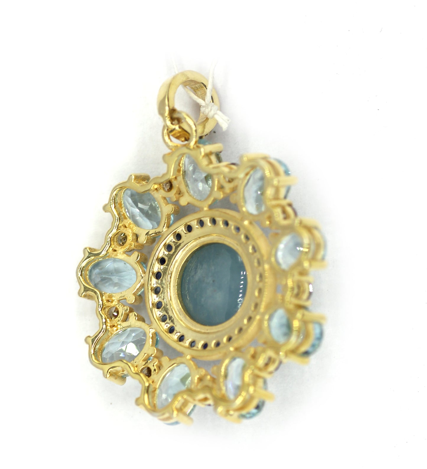 Aquamarine Silver Pave Diamond Pendant With Blue Sapphire Stone