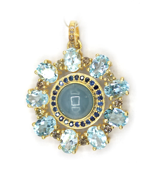Aquamarine Silver Pave Diamond Pendant With Blue Sapphire Stone