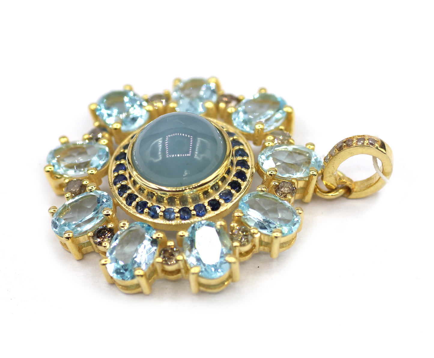 Aquamarine Silver Pave Diamond Pendant With Blue Sapphire Stone