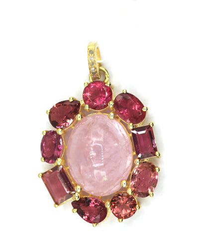 Rose Quartz Silver Pave Diamond Pendant With Tourmaline Stone