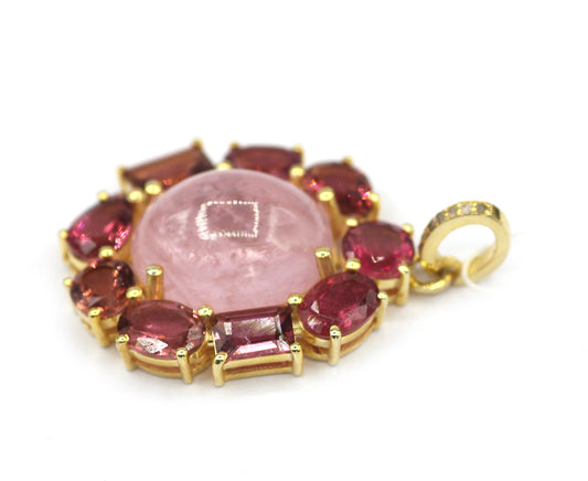 Rose Quartz Silver Pave Diamond Pendant With Tourmaline Stone